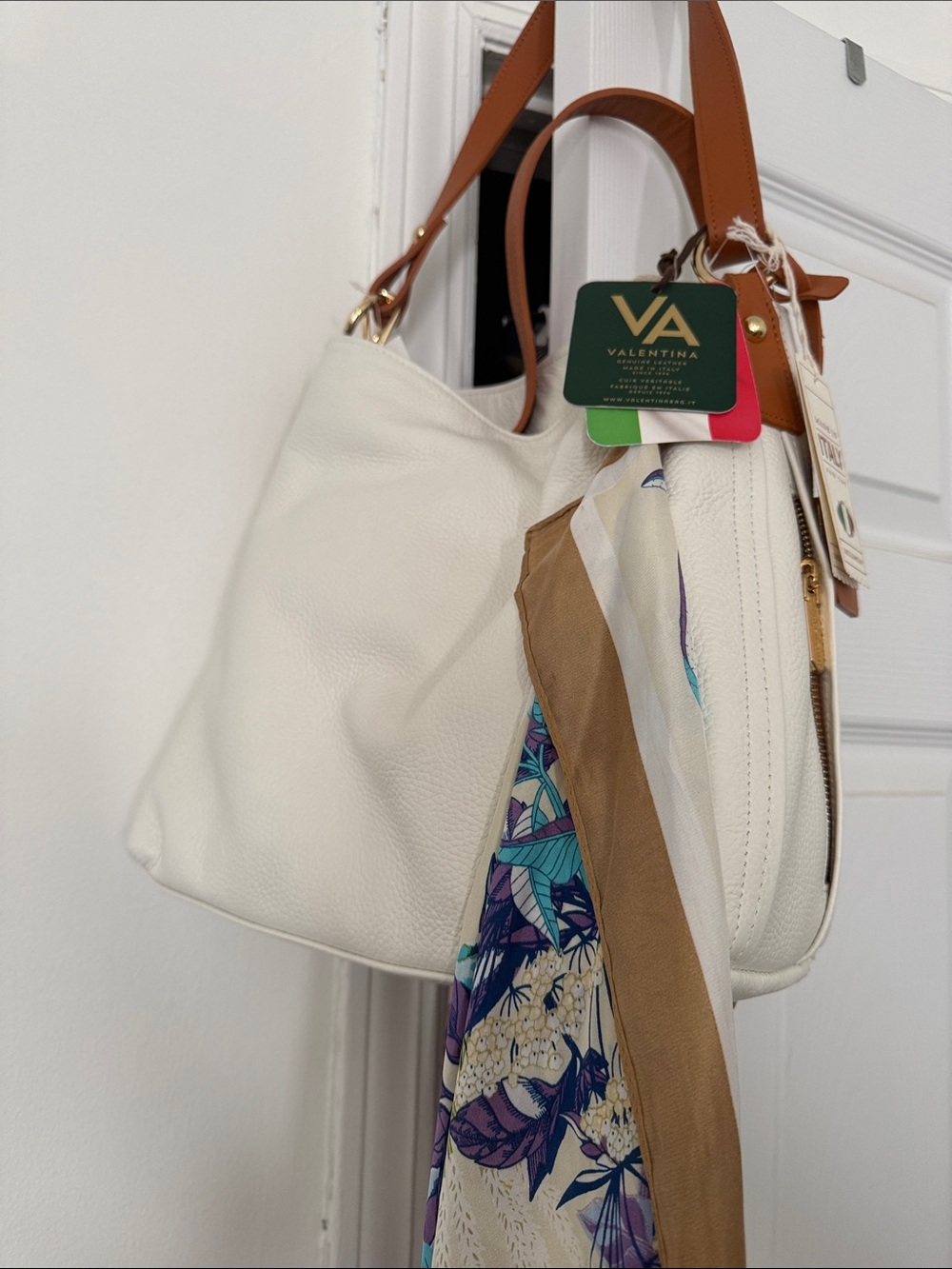 Valentina White Leather Shoulder Bag with Tan Handles